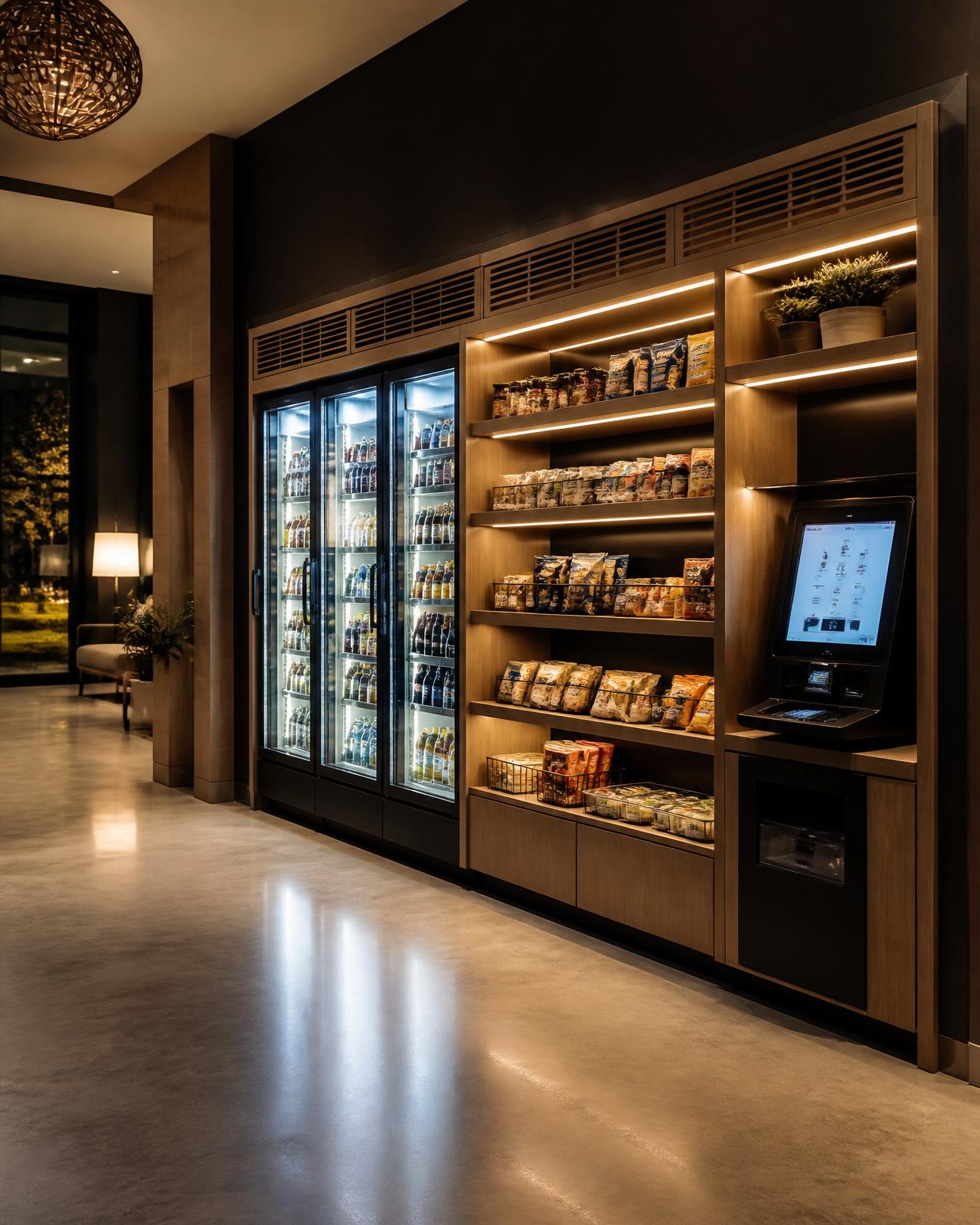 An open self-service micro market with glass-door coolers, stocked shelving, and a self-checkout station inside a modern residential lobby
